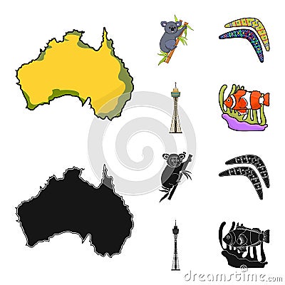 Koala on bamboo, boomerang, Sydney tower, fish clown and ammonium.Australia set collection icons in cartoon,black style Vector Illustration