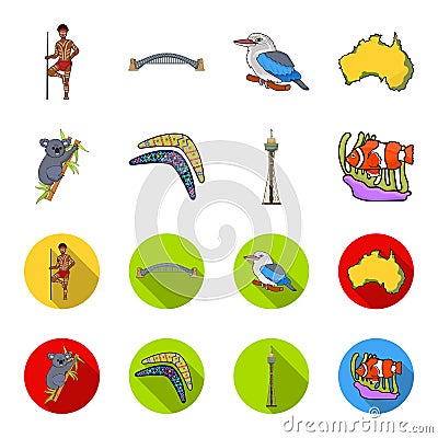 Koala on bamboo, boomerang, Sydney tower, fish clown and ammonium.Australia set collection icons in cartoon,flat style Vector Illustration