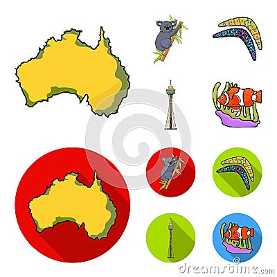 Koala on bamboo, boomerang, Sydney tower, fish clown and ammonium.Australia set collection icons in cartoon,flat style Vector Illustration