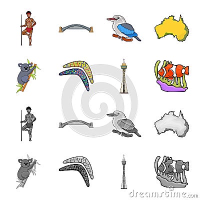 Koala on bamboo, boomerang, Sydney tower, fish clown and ammonium.Australia set collection icons in cartoon,monochrome Vector Illustration