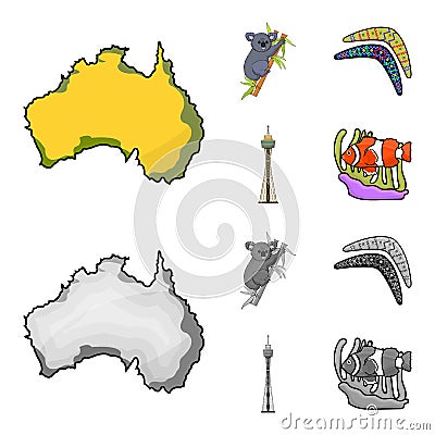 Koala on bamboo, boomerang, Sydney tower, fish clown and ammonium.Australia set collection icons in cartoon,monochrome Vector Illustration