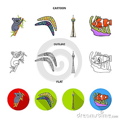 Koala on bamboo, boomerang, Sydney tower, fish clown and ammonium.Australia set collection icons in cartoon,outline,flat Vector Illustration