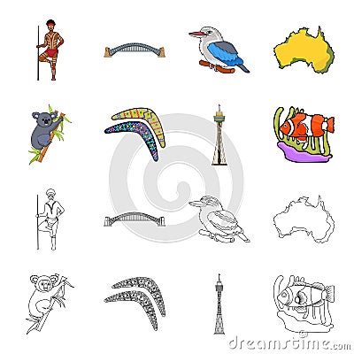 Koala on bamboo, boomerang, Sydney tower, fish clown and ammonium.Australia set collection icons in cartoon,outline Vector Illustration