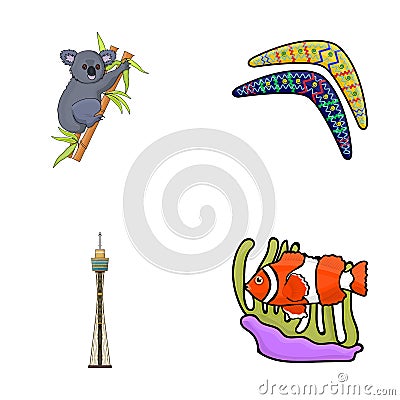 Koala on bamboo, boomerang, Sydney tower, fish clown and ammonium.Australia set collection icons in cartoon style vector Vector Illustration