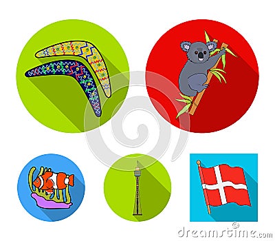 Koala on bamboo, boomerang, Sydney tower, fish clown and ammonium.Australia set collection icons in flat style vector Vector Illustration