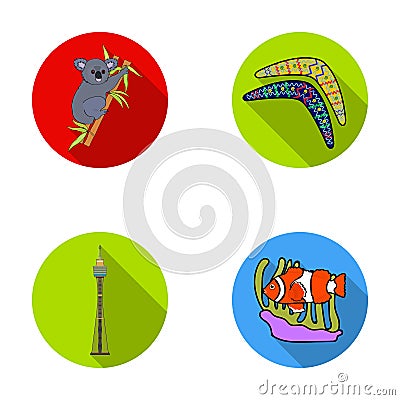 Koala on bamboo, boomerang, Sydney tower, fish clown and ammonium.Australia set collection icons in flat style vector Vector Illustration