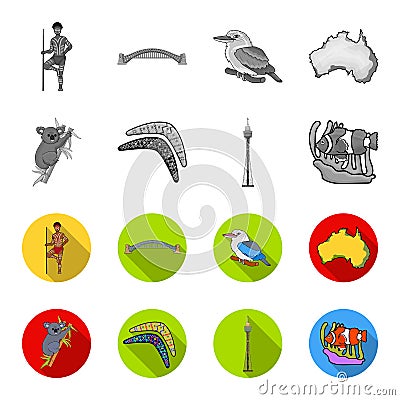 Koala on bamboo, boomerang, Sydney tower, fish clown and ammonium.Australia set collection icons in monochrome,flat Vector Illustration