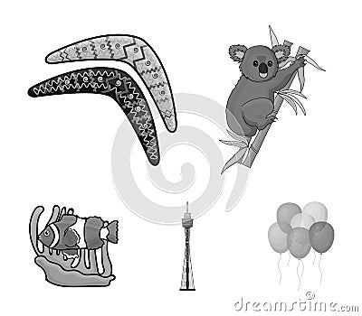 Koala on bamboo, boomerang, Sydney tower, fish clown and ammonium.Australia set collection icons in monochrome style Vector Illustration