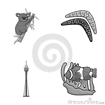 Koala on bamboo, boomerang, Sydney tower, fish clown and ammonium.Australia set collection icons in monochrome style Vector Illustration