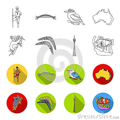 Koala on bamboo, boomerang, Sydney tower, fish clown and ammonium.Australia set collection icons in outline,flat style Vector Illustration