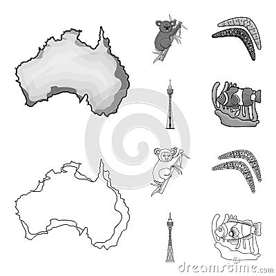 Koala on bamboo, boomerang, Sydney tower, fish clown and ammonium.Australia set collection icons in outline,monochrome Vector Illustration