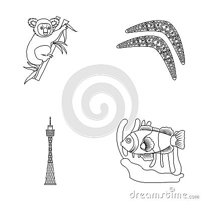 Koala on bamboo, boomerang, Sydney tower, fish clown and ammonium.Australia set collection icons in outline style vector Vector Illustration