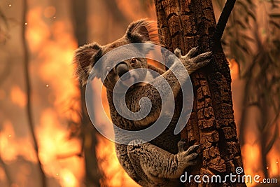 A koala bear clings to a tree during a forest fire in australia. Generative ai Stock Photo