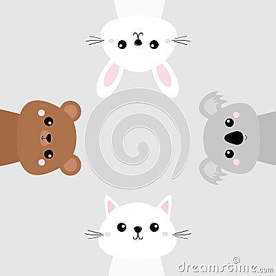 Koala, bear grizzly, rabbit, hare, cat kitten head face set. Pink cheeks. Cute cartoon character. Pet baby animal collection. Gray Vector Illustration