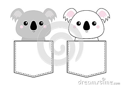 Koala bear set head face sitting in the pocket. Doodle linear sketch. Cute cartoon character. T-shirt design. Dash line. Pet anima Vector Illustration