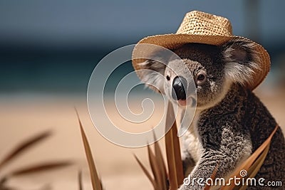 Koala bear wearing summer straw hat with blurry beach in background. Generative AI Cartoon Illustration