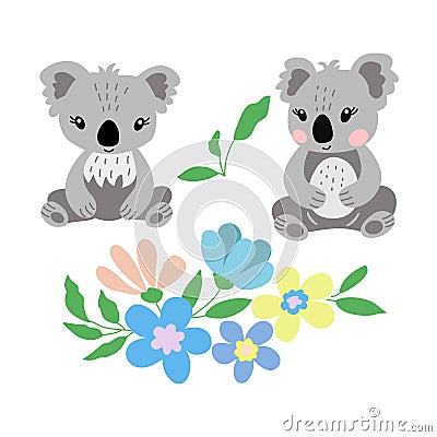 Koala bears with blue, pink, yellow flowers Vector Illustration