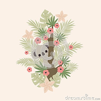 Koala climbing on a floral tree. Cute cartoon vector illustration Vector Illustration