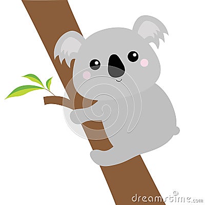 Koala face head hanging on eucalyptus tree. Gray silhouette. Kawaii animal. Cute cartoon bear character. Funny baby with eyes, nos Vector Illustration