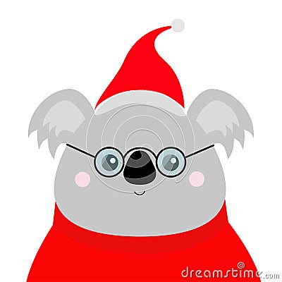 Koala face head. Red Santa hat, sweater, glasses. Merry Christmas. Kawaii animal. Cute cartoon bear funny baby character. New Year Vector Illustration