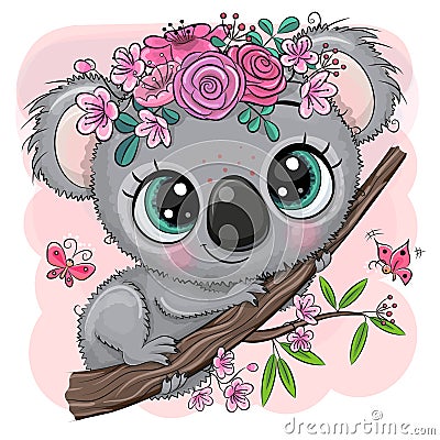 Koala with flowers on a tree on a pink background Vector Illustration