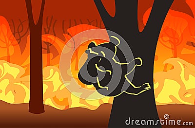 Koala with joey silhouettes sitting on tree forest fires in australia animals dying in wildfire bushfire natural Vector Illustration