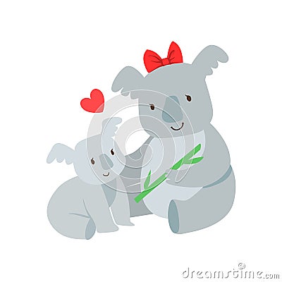 Koala Mom With Red Bow Animal Parent And Its Baby Calf Parenthood Themed Colorful Illustration With Cartoon Fauna Vector Illustration