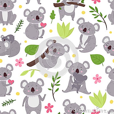 Koala pattern. Seamless bear animals with plant leaves and branches. Print vector illustration Vector Illustration