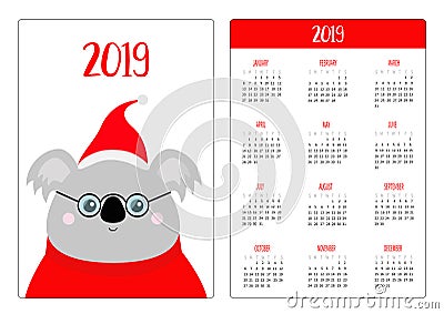 Koala in red ugly christmas sweater , Santa hat, glasses. Simple pocket calendar layout 2019 new year. Week starts Sunday. Cartoon Vector Illustration