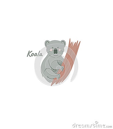 Koala on the tree cheerful child character. Koala bear inhabiting Australia, cartoon chubby character, isolated vector Vector Illustration