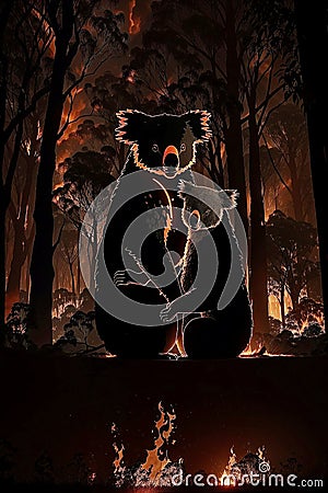 Koalas at risk from Australian Bushfires. AI generated Stock Photo