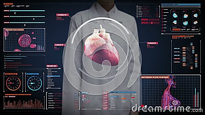 Kobieta doktorski wzruszający cyfrowy ekran, skanerowania serce sercowonaczyniowy ludzki system technologia medyczna Kobieta doktorski wzruszający cyfrowy ekran, skanerowania serce sercowonaczyniowy ludzki system technologia medyczna