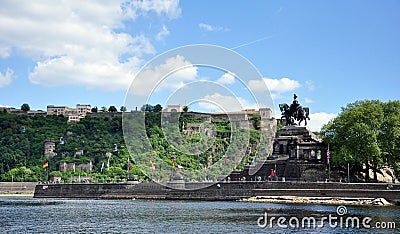Koblenz City Germany 03.05.2011historic monument German Corner rivers rhine and mosele flow together on a sunny day Editorial Stock Photo