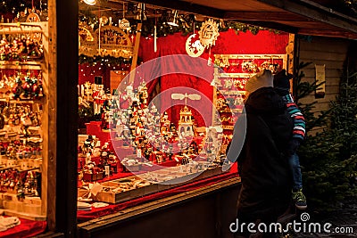 Koblenz GERMANY 16.12.2017 Christmas market stall in Old Town on selling gifts toys and decoration Editorial Stock Photo