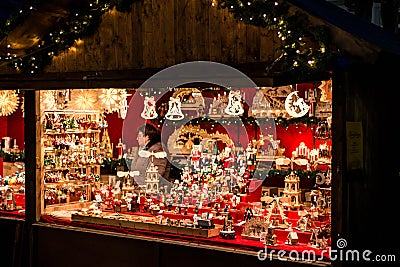 Koblenz GERMANY 16.12.2017 Christmas market stall in Old Town on selling gifts toys and decoration Editorial Stock Photo