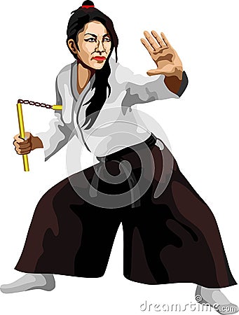 Kobudo Nunchaku Girl Japan Martial Art Vector Illustration