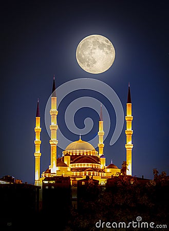 Kocatepe Mosque at night under full moon, Ankara, Turkey Stock Photo