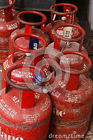 Kochi, Kerala, India -February 17, 2021 liquid petroleum gas LPG kept for distributing for home usage Editorial Stock Photo
