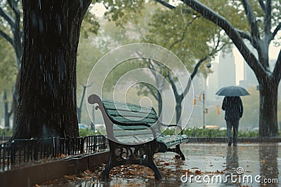 Kodak moment Rainy Central Park, a guy approaching a bench Stock Photo