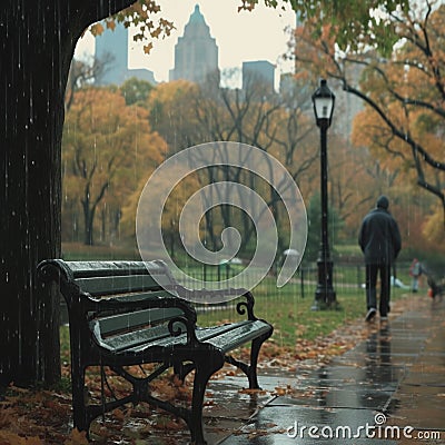 Kodak moment Rainy Central Park, a guy approaching a bench Stock Photo