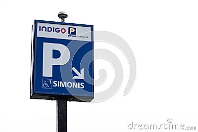 Koekelberg, Brussels Capital Region, Belgium - Sign of the Simonis Indigo Parking Brussels underground garage Editorial Stock Photo