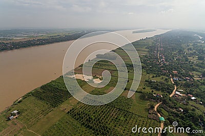 Koh Dach - Silk Island, Island on Mekong river in Phnom Penh Cambodia Asia Aerial Drone Photo Stock Photo