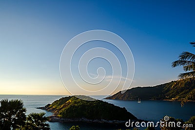 Koh Keaw Yai Island view from Leam PromThep Cape and Sea with yacht in Phuket Stock Photo