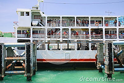 KOH PHANGAN, THAILAND - AUGUST 20, 2013: Ferry boat conveying passengers to Phangan island. Editorial Stock Photo