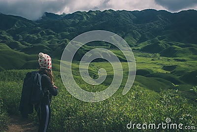 KOHIMA, INDIA - Jul 29, 2019: A Canadian Women Hiking in the Dzukou valley of Nagaland Editorial Stock Photo