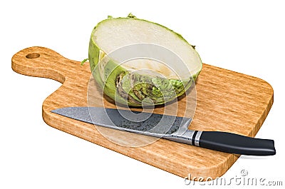 Kohlrabi lies on a wooden board next to a knife, 3D rendering Stock Photo