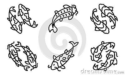 Koi carp icons set, outline style Vector Illustration