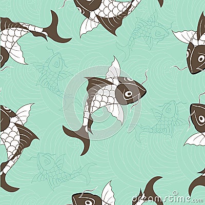 Koi chinese carp seamless pattern. Vector blue background with fish Stock Photo