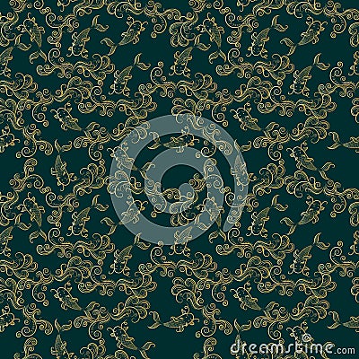 Koi chinese carp seamless pattern. Vector deep green background with gold fish Stock Photo