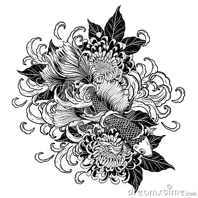 Koi fish and chrysanthemum tattoo by hand drawing Vector Illustration